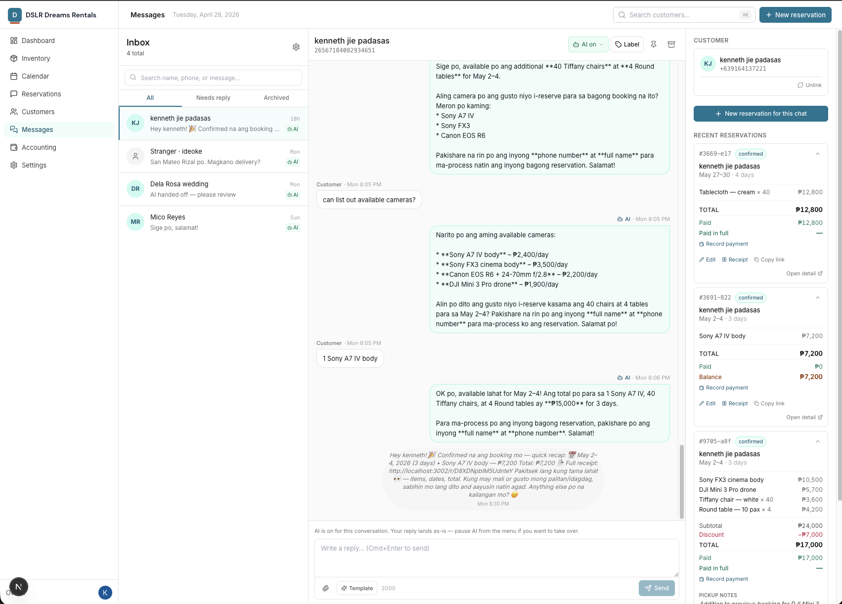 3-pane Messenger inbox with Filipino AI replies