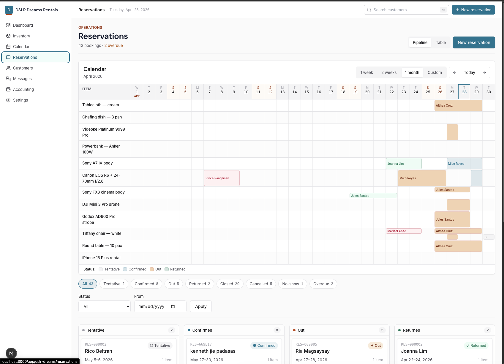 Reservations calendar + pipeline